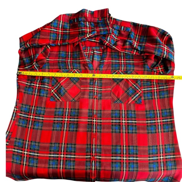 Express Portofino Slim Plaid Blouse Sz XL Red Blue Green Roll Tab Sleeves Tartan - Picture 10 of 13